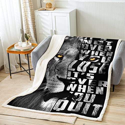 Coperta in pile con leone, per bambini, ragazzi, ragazze, adolescenti e testi ispiratori, coperta educativa e fuzzy per divano letto, colore: grigio, nero