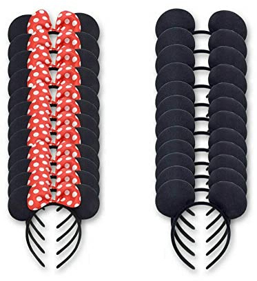 LEEMASING 24 Pack Mouse Costume Deluxe Fabric Ears Headband Birthday Baby Shower Party Favors Decorations(Black Red)
