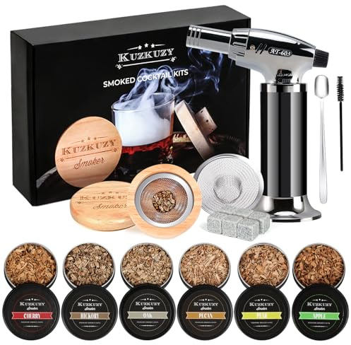 Cocktail Smoker Kit with Torch – 6 Flavors Wood Chips – Bourbon, Whiskey Smoker Infuser Kit, Old Fashioned Drink Smoker Kit, Birthday Bourbon Whiskey Gifts for Men, Dad, Husband (Without Butane)