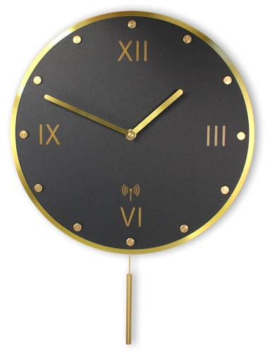 Fishtec – Orologio da parete a bilanciere – Radiopilotato, Design, Effetto Pendolo, Numeri Romani, Adatto per Cucina, Ufficio, Soggiorno – Ø 30, Nero e Oro