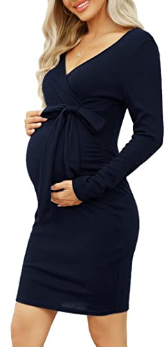 KOJOOIN Damen Umstandskleid Enge Langarm Stillkleid V-Ausschnitt Schwangere Kleider Mutterschaft Schwangerschaft Knielanges Partykleid mit Gürtel (Verpackung MEHRWEG), A-Dunkelblau, S