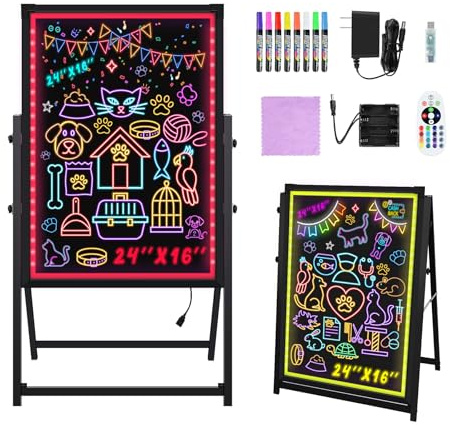 Hosim Standing A-Frame LED Message Writing Board, 24x16 Illuminated Erasable LED Neon Menu Sign Board with 8 colors Markers & 16 Lighting Colors DIY Chalkboard Drawing Board for Restaurant Promotion