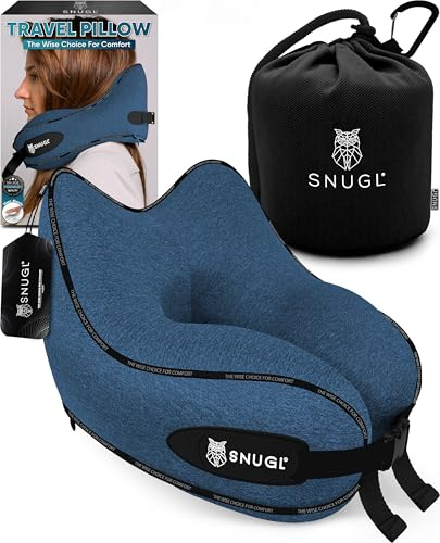 SNUGL Nackenkissen Memory Foam Waschbar & Verstellbar | Kuscheliges Nacken Reisekissen Für Flugzeug, Auto & Unterwegs | Reise-Kissen Nackenhörnchen, Neck Travel Pillow (Blau, Erwachsener Normal)