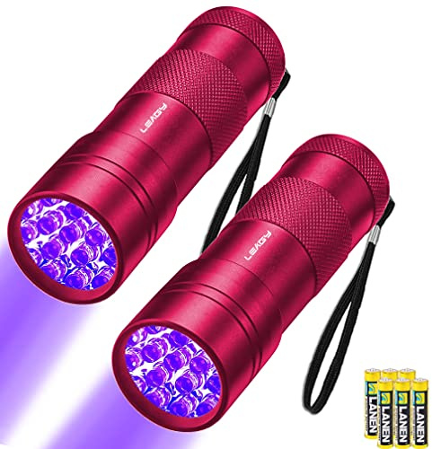 LEAGY 2er Pack 12 LED 395nm Mini-UV-Taschenlampen mit Batterien - Haustier-Urin-Detektor, zur Fälschungserkennung, Banknoten, Dokumentenüberprüfung usw (Rosérot)