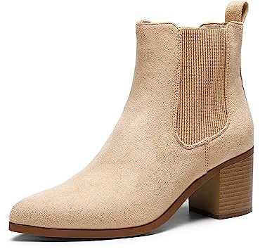 DREAM PAIRS Women's Retro Elastic Chelsea Ankle Boots Fashion Low Chunky Block Heel Pointed Toe Fall Heeled Booties Shoes,Size 6,Nude-Suede,SDAB2314W