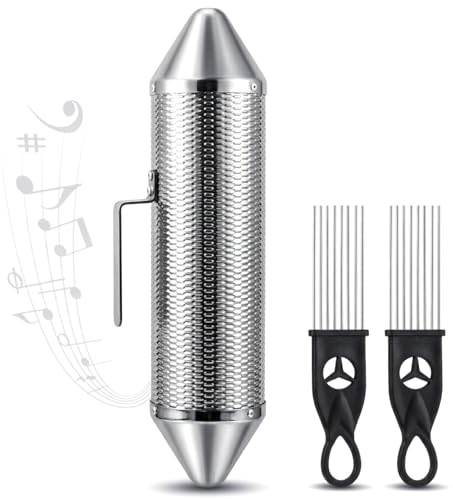 SOUJOY Guiro Instrument, coctelera Guiro de acero inoxidable con 2 raspadores, instrumento de percusión latina de 15 x 3 pulgadas, martillo de arena profesional de acompañamiento de banda para