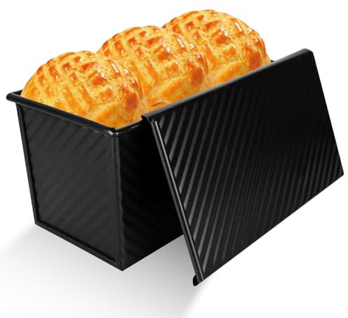 AKOLAFE Teglia per pagnotta con coperchio, 450 g, antiaderente, con coperchio scorrevole, in acciaio, per pane tostato, per cuocere il pane, nero, 20 x 12 x 11 cm