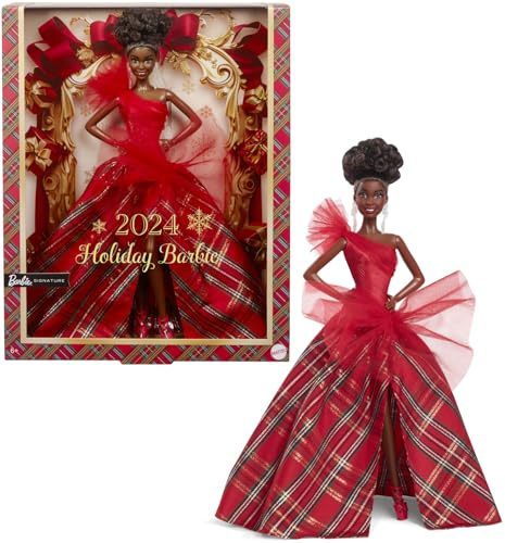 Barbie Poupée signature, poupée tendance des fêtes 2024 avec cheveux bruns portant une robe à carreaux, cadeau de collection saisonnier dans un emballage affichable