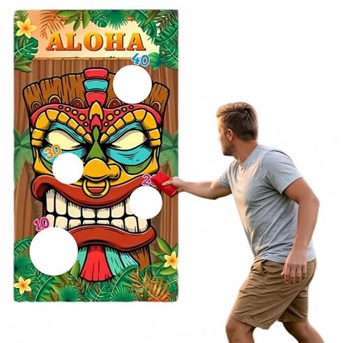 Aloha Tropical Luau Hanging Decor Banner, Hawaiian Summer Party Backdrop with 3 Fabric Storage Pockets, Tiki Themed Ornament for Indoor Outdoor Holiday Layout