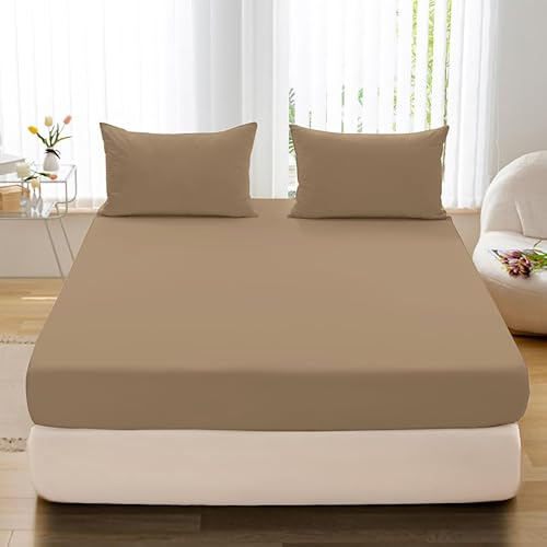 Spannbettlaken Beige 220x200 cm Spannbetttuch Bettlaken Jersey Matratzenhöhe bis 25 cm Baumwolle mit Mikrofaser