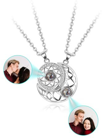 PiercingJak Personalisierte Halskette mit Bild Projektion Partner Kette mit Foto Sonne Mond Magnet Anhänger Freundschaft Geschenk für Freundin Paare Pärchen