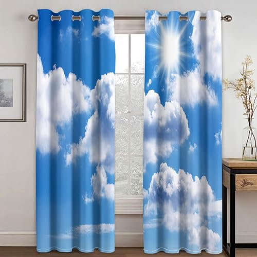 MTBDDyyds Vorhänge Für Kinderzimmer Jungen - 3D Blau Himmel Weiß Wolken 300X280Cm - Kinderzimmervorhänge Mit Ösen, Verdunkelungsvorhang Gardinen Schals Vorhang Blickdicht