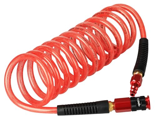 EADUTY Heavy Duty Reinforced Polyurethane Recoil Air Hose 1/4 in x 10 ft, Lightweight, Flexible Compressor Hose with Universal Quick Coupler, Plug and Bend Restrictors, Red