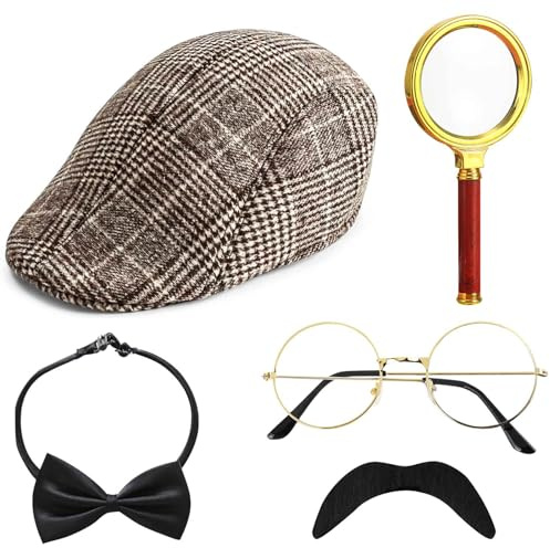 HEAWAA 5Pcs Accesorios de Disfraz de Detective, Accesorios para Disfraz de Sherlock Holmes con Sombrero de Detective Gafas de Bigote Falso Lupa Pajarita Detective para Cosplay