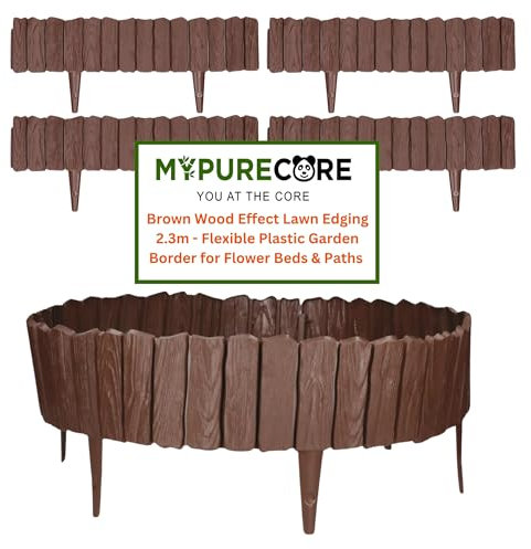MYPURECORE Brown Wood Effect Lawn Edging 2.3m - Flexible Plastic Garden Border for Flower Beds & Paths | Weather-Resistant & Recyclable Palisade | Easy Install Edging for Grass, Gravel & Landscape