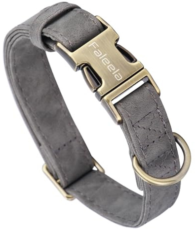 Faleela Hundehalsband aus Leder, langlebig, strapazierfähig, mit Schnellverschluss-Metallschnalle, verstellbar für große, mittelgroße und kleine Hunde (Grau, M)