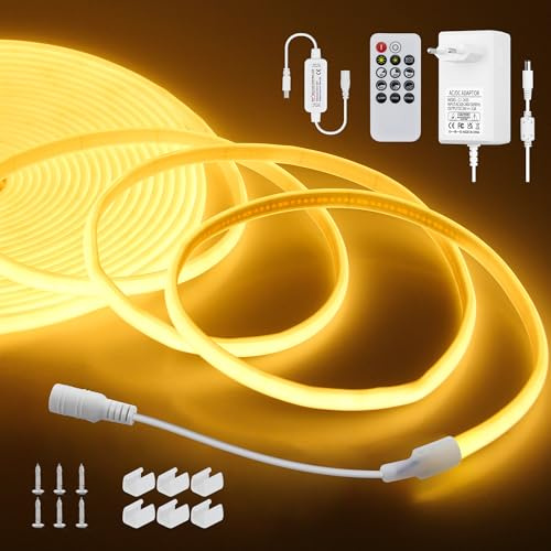 ALITOVE 10m LED Band Aussenbereich 24V Warmweiß 3000K mit RF Fernbedienung | Dimmbar COB LED Streifen, IP67 Wasserdicht, Flexibel 320LEDs/m, 8mm Breit, für DIY Heim-Innendekoration, Nicht Selbstklebend