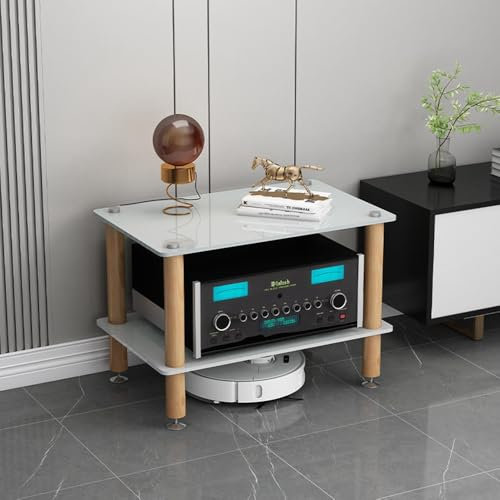 HAEKEBC 3/4-stufige HiFi-Racks AV-Medienständer HiFi-Audioschrank Regale Aus Gehärtetem Glas Stoßdämpfende Beine Aus Massivem Holz Für Audio Rack Schränke(White,2 Tier)