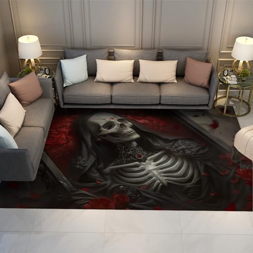 BYLEEHOMED Maschinenwaschbarer Gothic Skull Area Teppich 60x90cm Halloween Thema Klassenzimmerteppiche Leicht zu waschen und zu reinigen Niederflorteppich für das Spielzimmer