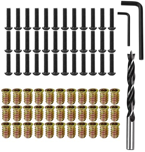 32 Sets 1/4-20×15mm Wood Inserts/Screw-in Nuts + 1/4-20×3/4 Bolt with Three-Point Woodworking Twist Drill and 2 Pcs Wrench,Furniture Threaded Bolt Fastener Connector Hex Socket Drive