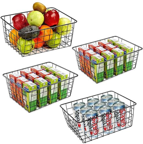 AYSUM 4-Piece Wire Storage Baskets, Black Metal Baskets for Pantry, Freezer Storage with Handles (28L x 21.8W x 12H)
