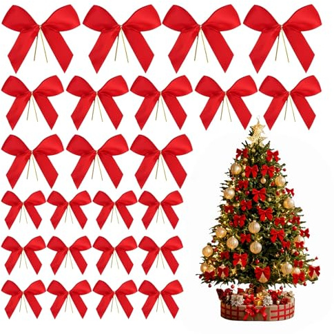 Dmnnlp 36 Stück Weihnachtsschleifen mit Goldkrawatten, Rote Schleifenbänder als Weihnachtsbaum Deko für Festlichkeiten, Hochzeiten und Feiern