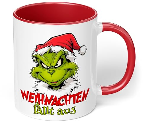 True Statements Lustige Grinch Tasse „Weihnachten fällt aus“ – witzige Grinch Figur Geschenkidee für Weihnachten - lustige Kaffeetasse - Keramik, ca. 330ml, Rot