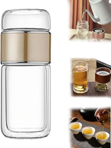 Bottiglia con infusore per tè in vetro, isolamento termico e a prova di perdite, portatile, con doppio vetro, separazione dell'acqua, per casa e ufficio (oro, 500 ml)