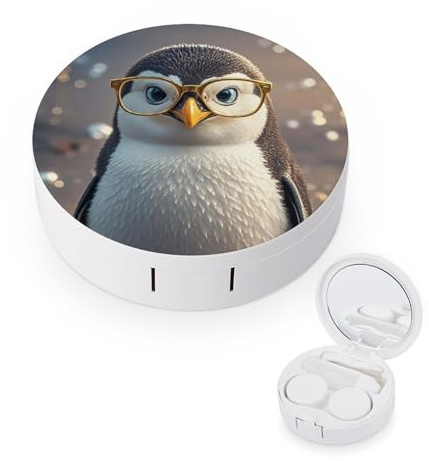 JTREWBV Tragbare Reise-Kontaktlinsenbox, Pinguin mit Brillendruck, runder Kontaktlinsenbehälter, kompaktes Augenkontakt-Entferner-Werkzeug-Set für Reisen und Zuhause, weiß, Einheitsgröße,