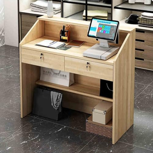 Moderner Empfangstheke mit abschließbarer Schublade und Regal, für den Einzelhandel, Kassentisch für Büro, Lobby und Salon, stilvolle Fronttheke für Willkommensbereich, Hellbraun, 80