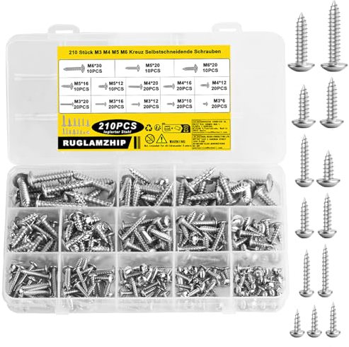 210 Stück M3 M4 M5 M6 Blechschrauben Selbstschneidende Schrauben, Linsenkopfschrauben, Kreuzschlitzschrauben mit Flachem Kopf Flachkopfschrauben, Rundkopfschrauben Geräteschrauben Sortiment Set