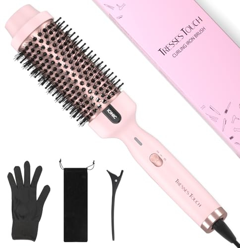 Tresses Touch 1.77 Inch Thermal Brush, Round Heated Hot Brush Blowout Ionic, Curling Brushes for All Hair, 2 Temperature Setting, Universal Voltage for Travel, Dual PTC, Not for Blow Drying, Pink