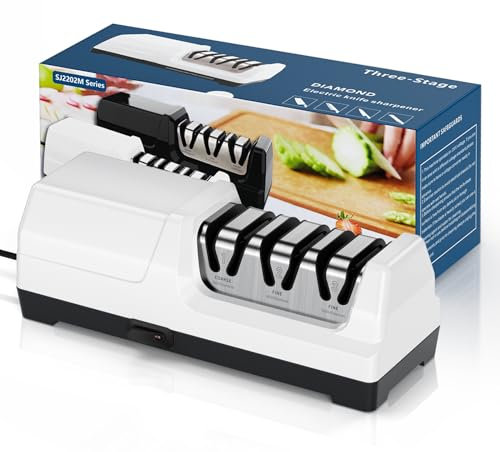 Afilador de cuchillos eléctrico MusyVocay con afilado de diamante 100%, afilador de cuchillos de cocina profesional de 3 etapas y 20 grados con guía de ángulo de precisión (Blanco)