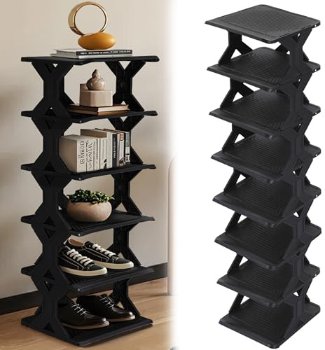 SUQ 8-Tier Schmaler Schuhregal, Eckschuhe Turm, Platzsparender Schuhorganisator, Stapelbares Schuhregal für Eingang, Flur und Schrank (Schwarz)
