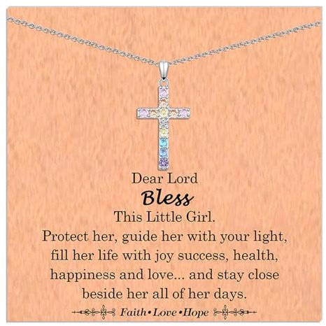 VOSAP Christening Confirmation Holy Communion Gifts for Girls, Colored Cubic Zirconia Cross Necklace, Baptism Gifts for Girls, Cross Gift for Sister Daughter Granddaughter Niece
