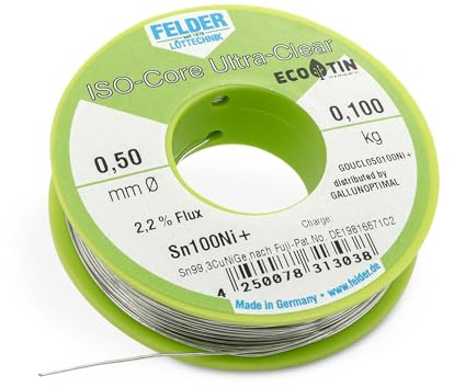 GALLUNOPTIMAL by FELDER Lötdraht Sn100Ni+ für allgemeine Elektronikanwendungen | 0,5mm | 100g Spule | bleifrei mit 2,2% Flussmittel Ultra-Clear | REL0 | für Elektronik, Elektrotechnik uvm.