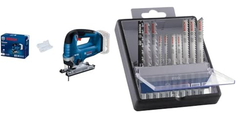 Bosch 06015B3021 Professional GST 185-LI Akku-Stichsäge Solo (Karton) + 10x PRO Hardwood and Laminate Stichsägeblatt-Set, 10-tlg. (für Hartholz, Parkett, Länge 83 mm, Professional Zubehör Stichsäge)