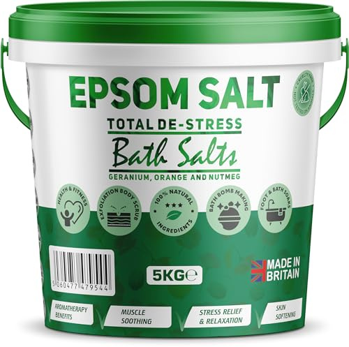 Scented Epsom Bath Salts 5kg Infused with Total De-Stress Essential Oil, 100% Natural Mineral Salts - Supports Sleep and Relieves Aching Muscles Magnesium Sulphate Foot Soak Bath Epsom Salt
