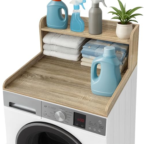 Royxen Washer Dryer Countertop with Shelf,2-Tier Laundry Countertop for Single Washer and Dryer,Soild Wood Core Washer Dryer Topper for Laundry Room Organization(White Oak)
