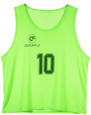 QUICKFLX Träningsvästset – 10 fotbollslivar med nummer (1–10) för barn och vuxna – ventilerande tröjor inklusive domarkort, Ljusgrön, Erwachsene (L)