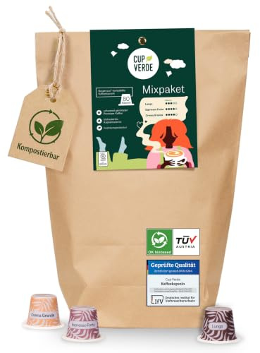 CUP VERDE Mixpaket Kaffeekapseln kompostierbar - [80 Kapseln - kompatibel mit Nespresso®] - Kaffee - 100% Arabica - ohne Aluminium - Kapselkaffee - Röstkaffee - Kaffeegenuss - Vorratspackung - Vegan