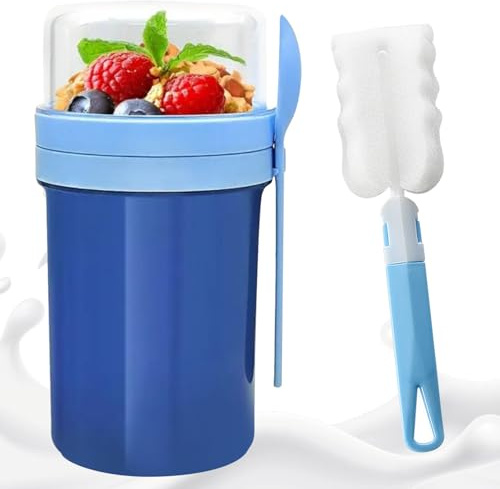 Müslibecher - Müsli Cup Zum Trinken (650ML+250ML), Praktischer Joghurtbecher & Müslibecher für Picknick, Salatbecher Yoghurt to Go mit Löffel, Porridge Becher to Go Auslaufsicherer Müsli Cup, Blau