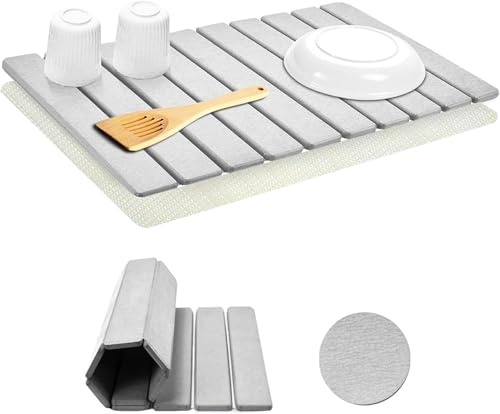 Large Stone Dish Drying Mats for Kitchen Counter, 60x40cm Quick Dry Diatomaceous Earth Dish Drying Mat for Kitchen Sink, Super Absorbent Collapsible Pad, Eco-Friendly & Multi-Purpose(Light Gray)