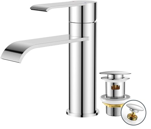 FORIOUS Grifo Lavabo Alto Con Desagüe, Grifo Baño Monomando De Acero Inoxidable para Lavabos de Baño,Diseño Cascada Con Altura De Caño 98MM，Cromo