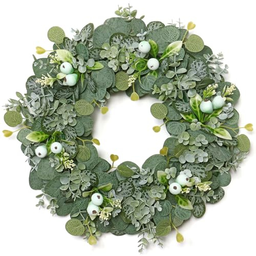 ASTNIC 46 cm Türkranz Sommer, Türkranz Ganzjährig Eukalyptus Kranz Haustür | Türkranz Außen, Kranz Outdoor Wetterfest mit Eukalyptus Beeren Grün Frühlingskranz für Wanddeko, Türdeko Haustür, Gartendeko
