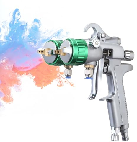 Pulverizador de pintura neumático de doble cabezal con doble boquilla y diseño de alimentación a presión para acabados suaves en proyectos mecánicos y electrónicos