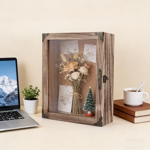 NBEADS 3D Bilderrahmen Holz Shadow Box, Tiefe 12cm Kiefern Ausstellungsgehäuse Mit Acryl Sichtfenster Scharnierdeckel 33x28cm Rustikales Holz Erinnerungskasten Für Hochzeitsblumen Medaillen Andenken