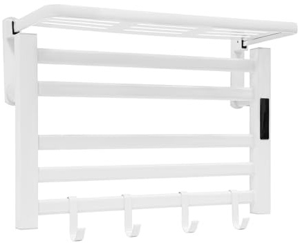 JAYEUW Scaldasalviette elettrico da bagno, 5 bracci, montaggio a parete, 30-70 °C, 0-24 ore, 95 W, scaldasalviette con 5 ganci e ripiano superiore, per cucina e bagno, 55 x 40 x 22 cm (bianco)