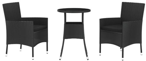 pokgdf Robustes Bistro Set mit Stahlrahmen, 3-TLG. Gartenmöbel Bistro Set Poly Rattan schwarz mit Garten Bistrostühlen und gepolsterten Kissen, wetterfestes für den Garten