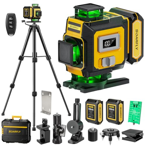 SOARFLY 4D Lasernivå med Stativ, 4×360° Självnivellerande Grön Korslinjelaser, 2×4000mAh Batterier, Fjärrkontroll, Magnetfäste, för Kakelsättning, Byggnation och Hemrenovering